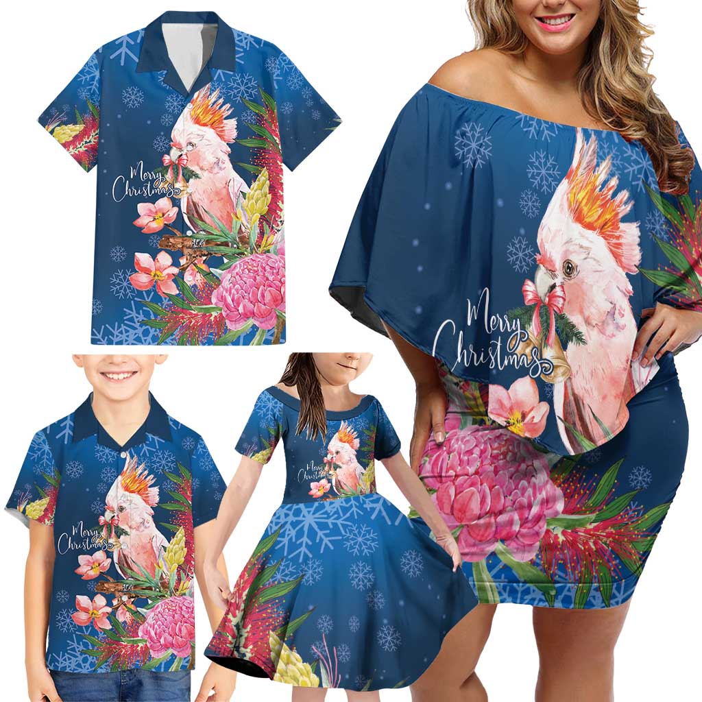 Australia Christmas Pink Cockatoo with Banksia Family Matching Off Shoulder Short Dress and Hawaiian Shirt Snowy Blue - Aussie Hoodie