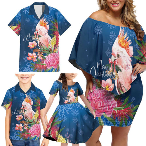 Australia Christmas Pink Cockatoo with Banksia Family Matching Off Shoulder Short Dress and Hawaiian Shirt Snowy Blue - Aussie Hoodie