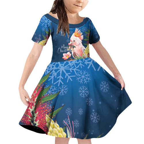 Australia Christmas Pink Cockatoo with Banksia Family Matching Off Shoulder Short Dress and Hawaiian Shirt Snowy Blue - Aussie Hoodie