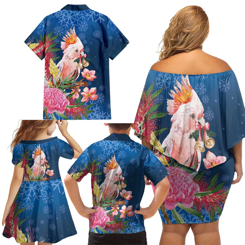 Australia Christmas Pink Cockatoo with Banksia Family Matching Off Shoulder Short Dress and Hawaiian Shirt Snowy Blue - Aussie Hoodie
