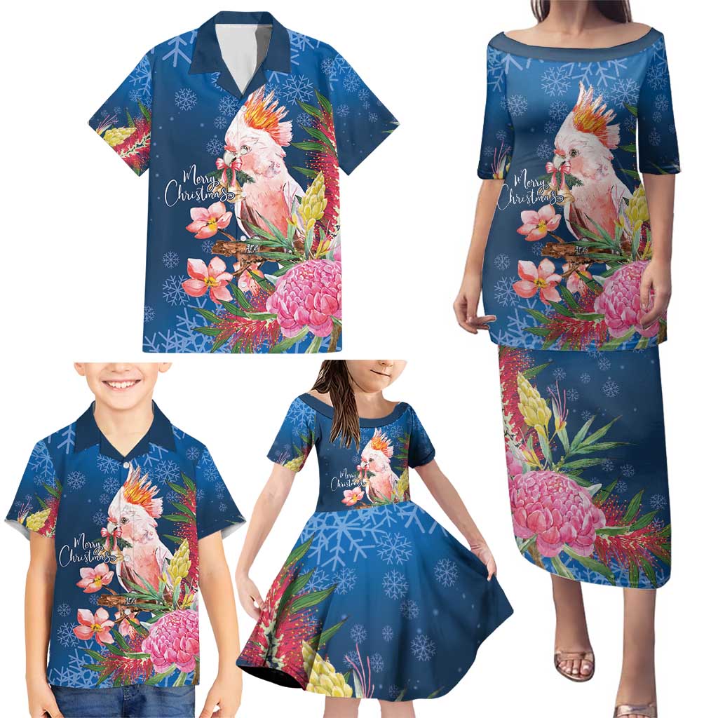 Australia Christmas Pink Cockatoo with Banksia Family Matching Puletasi and Hawaiian Shirt Snowy Blue - Aussie Hoodie