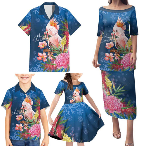 Australia Christmas Pink Cockatoo with Banksia Family Matching Puletasi and Hawaiian Shirt Snowy Blue - Aussie Hoodie