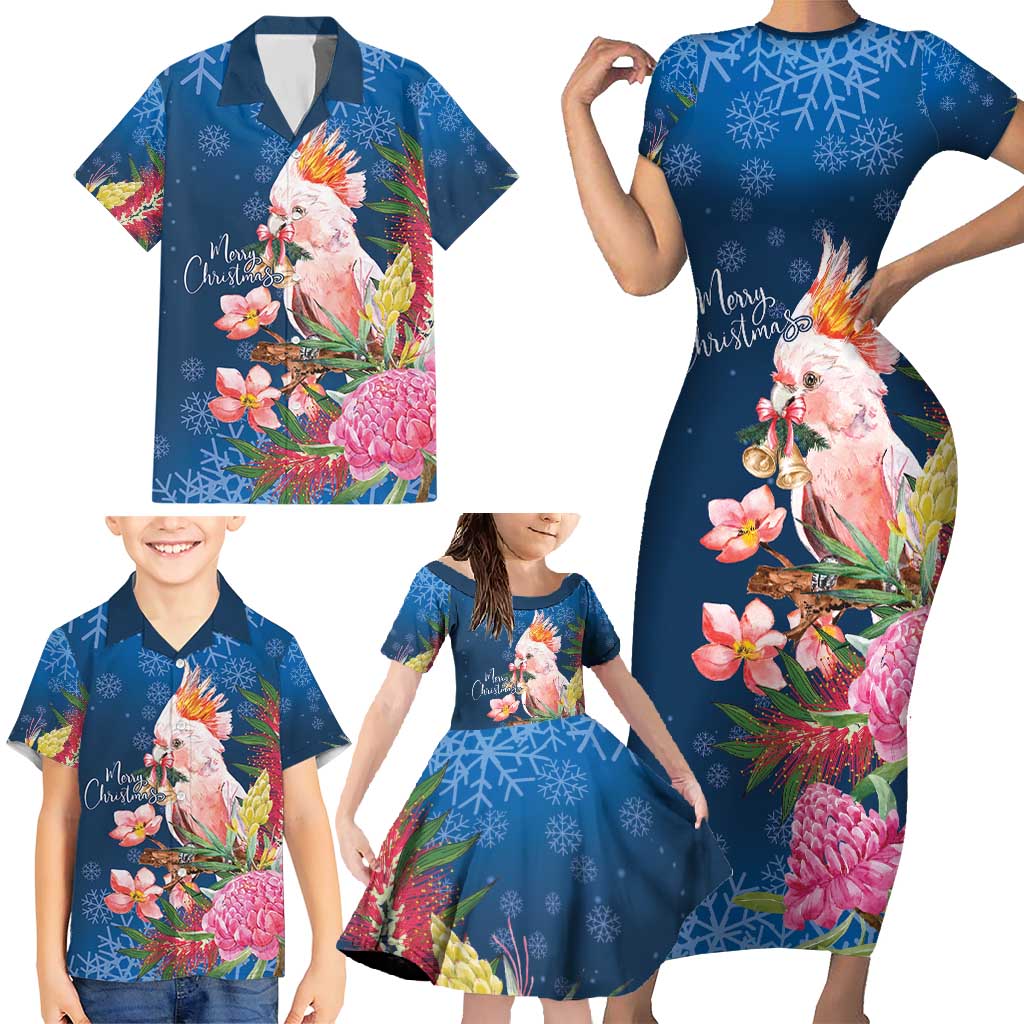 Australia Christmas Pink Cockatoo with Banksia Family Matching Short Sleeve Bodycon Dress and Hawaiian Shirt Snowy Blue - Aussie Hoodie