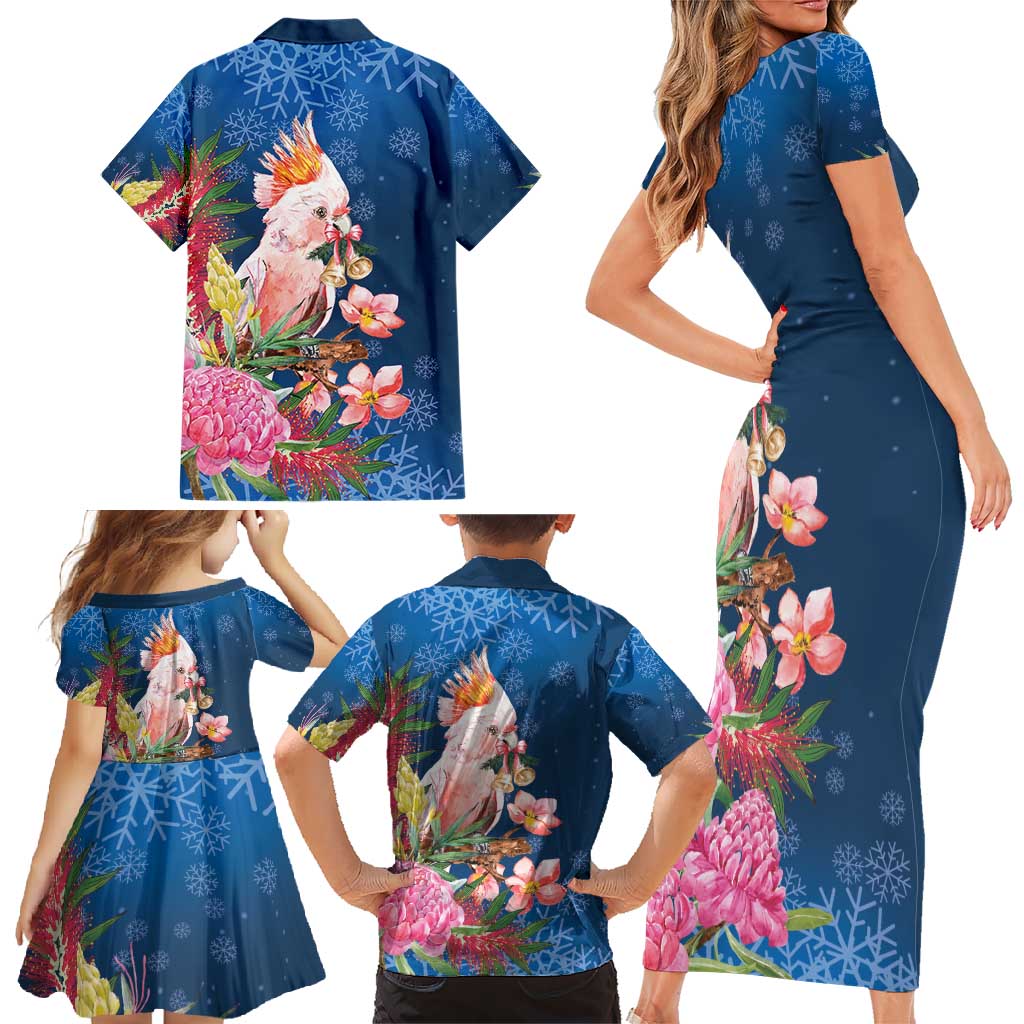 Australia Christmas Pink Cockatoo with Banksia Family Matching Short Sleeve Bodycon Dress and Hawaiian Shirt Snowy Blue - Aussie Hoodie