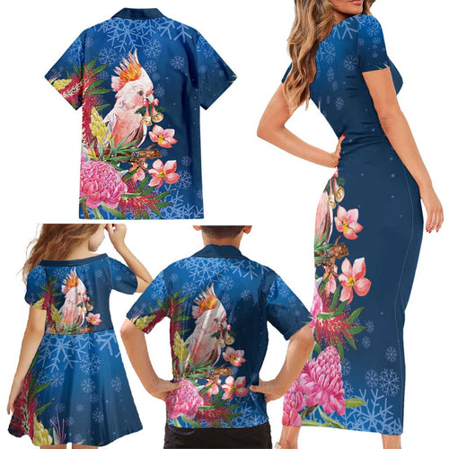 Australia Christmas Pink Cockatoo with Banksia Family Matching Short Sleeve Bodycon Dress and Hawaiian Shirt Snowy Blue - Aussie Hoodie