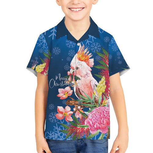 Australia Christmas Pink Cockatoo with Banksia Family Matching Short Sleeve Bodycon Dress and Hawaiian Shirt Snowy Blue - Aussie Hoodie