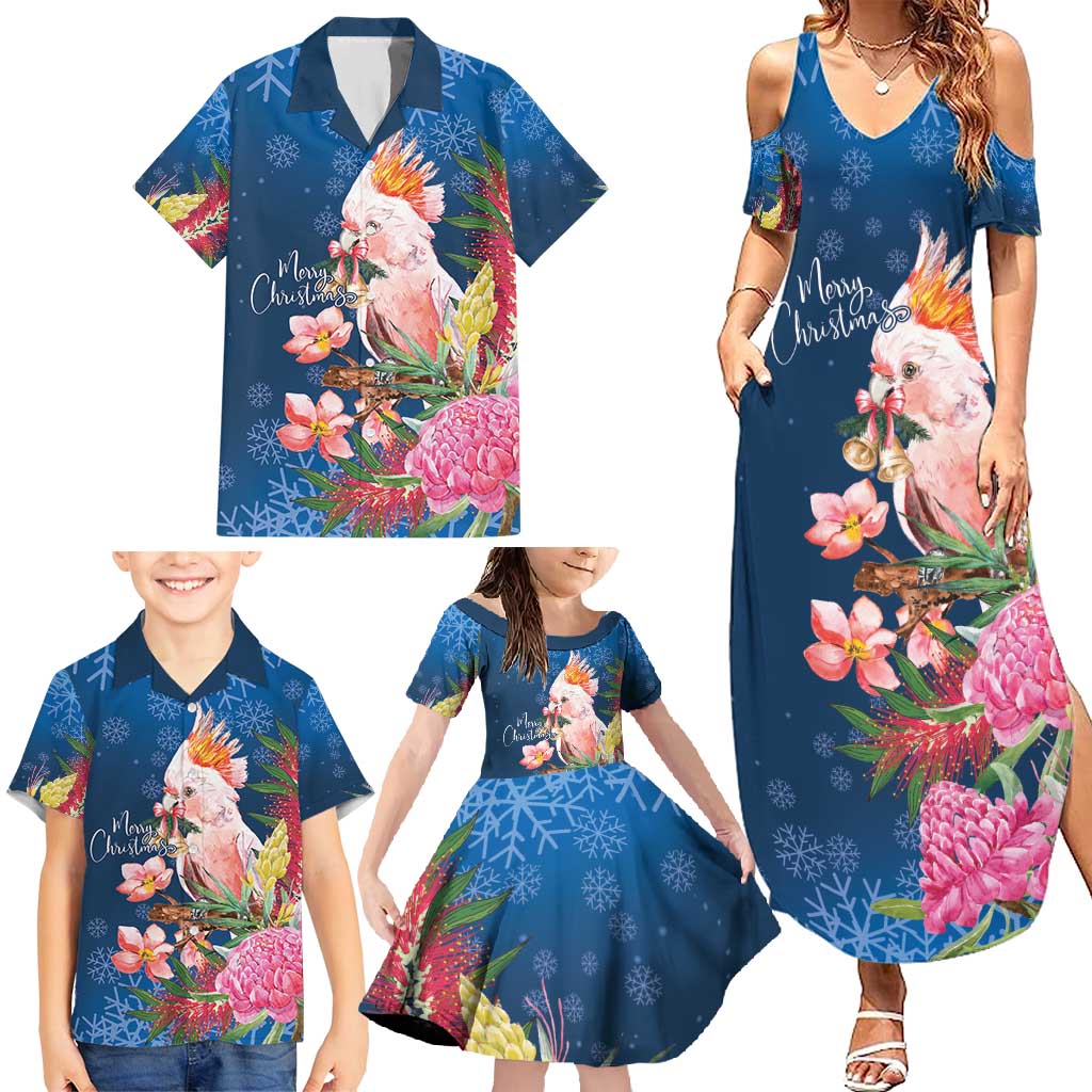 Australia Christmas Pink Cockatoo with Banksia Family Matching Summer Maxi Dress and Hawaiian Shirt Snowy Blue - Aussie Hoodie