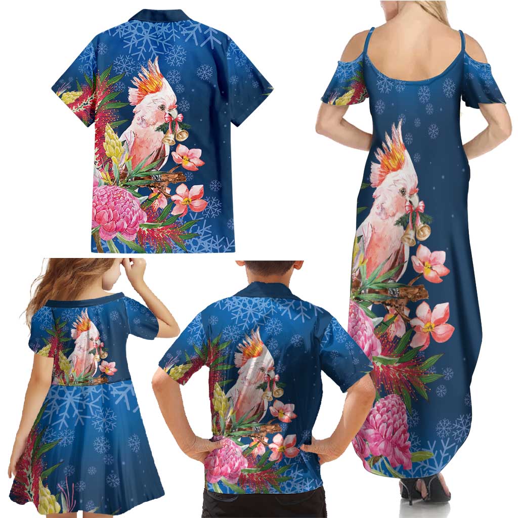 Australia Christmas Pink Cockatoo with Banksia Family Matching Summer Maxi Dress and Hawaiian Shirt Snowy Blue - Aussie Hoodie