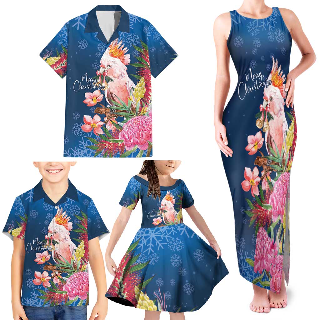 Australia Christmas Pink Cockatoo with Banksia Family Matching Tank Maxi Dress and Hawaiian Shirt Snowy Blue - Aussie Hoodie