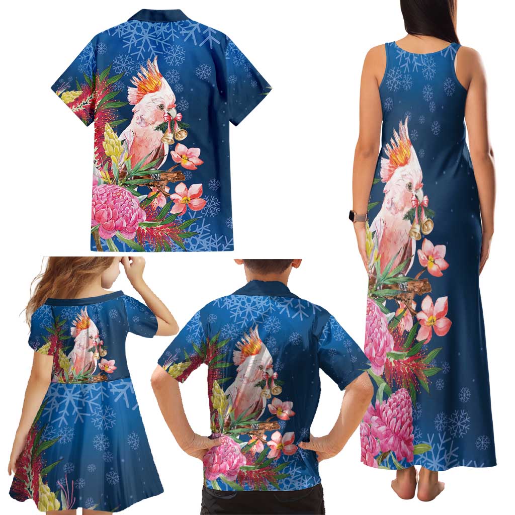 Australia Christmas Pink Cockatoo with Banksia Family Matching Tank Maxi Dress and Hawaiian Shirt Snowy Blue - Aussie Hoodie