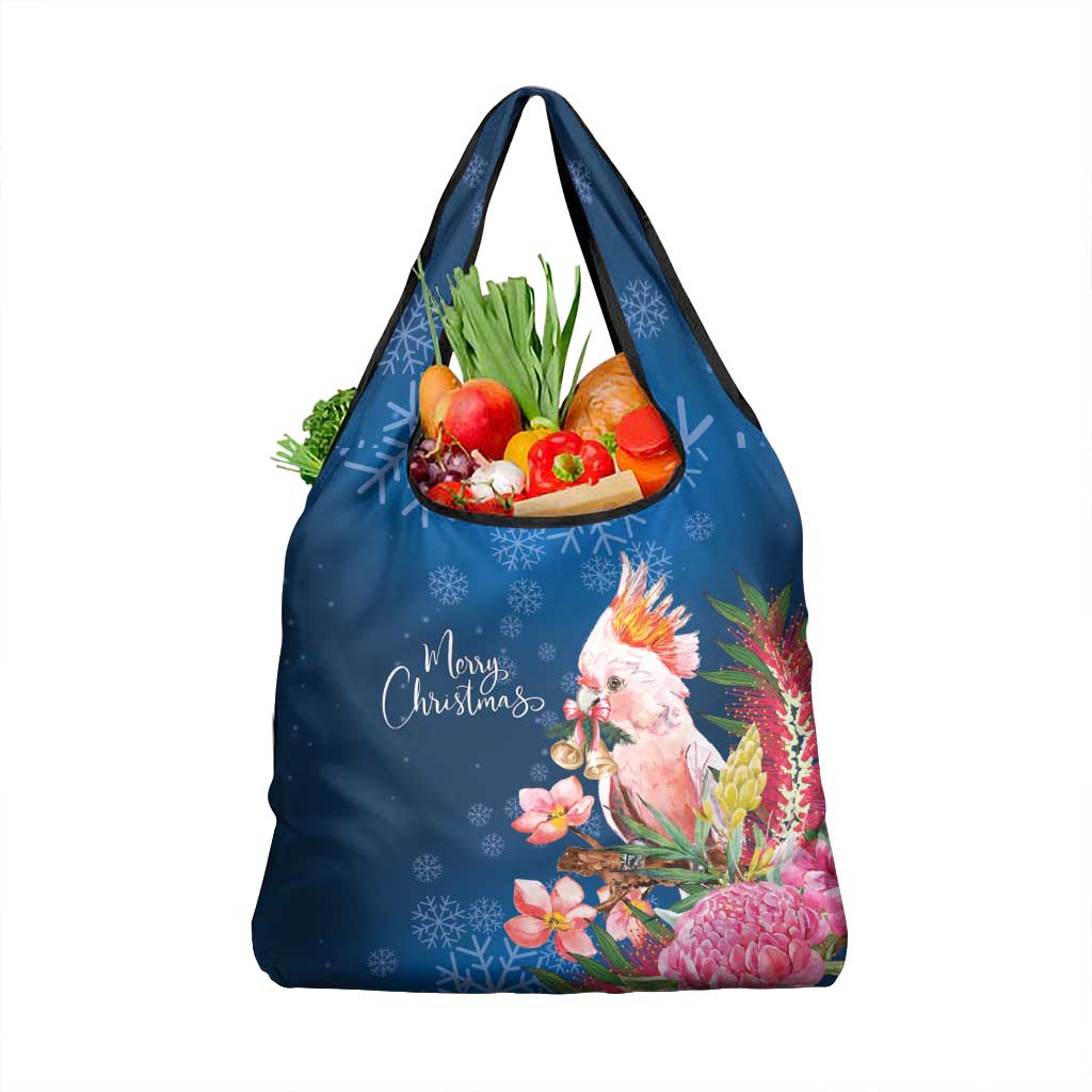 Australia Christmas Pink Cockatoo with Banksia Grocery Bag Snowy Blue - Aussie Hoodie