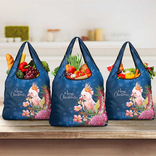 Australia Christmas Pink Cockatoo with Banksia Grocery Bag Snowy Blue - Aussie Hoodie