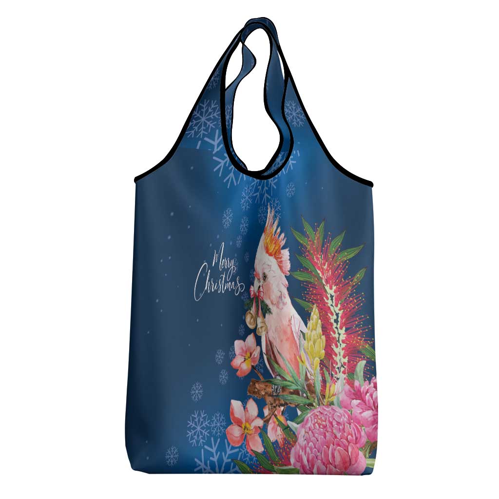 Australia Christmas Pink Cockatoo with Banksia Grocery Bag Snowy Blue - Aussie Hoodie