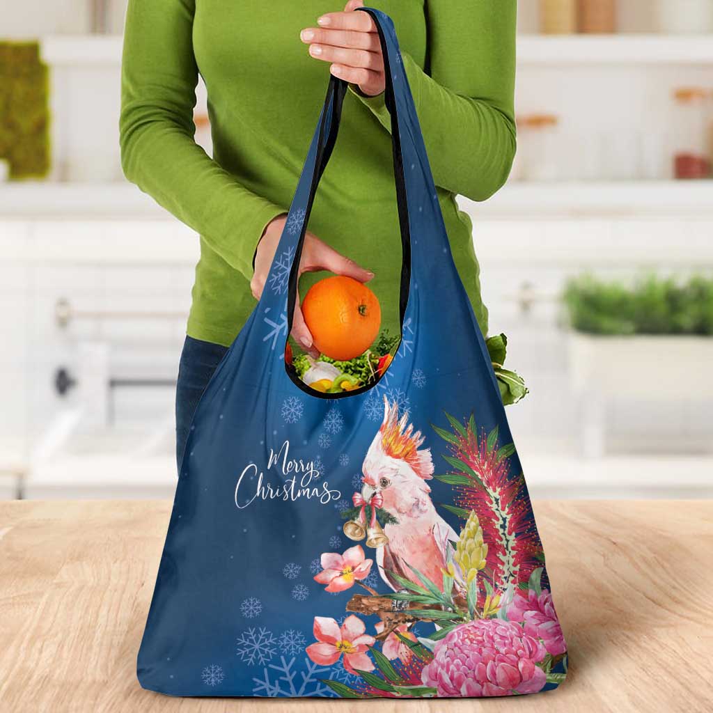 Australia Christmas Pink Cockatoo with Banksia Grocery Bag Snowy Blue - Aussie Hoodie