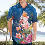 Australia Christmas Pink Cockatoo with Banksia Hawaiian Shirt Snowy Blue - Aussie Hoodie