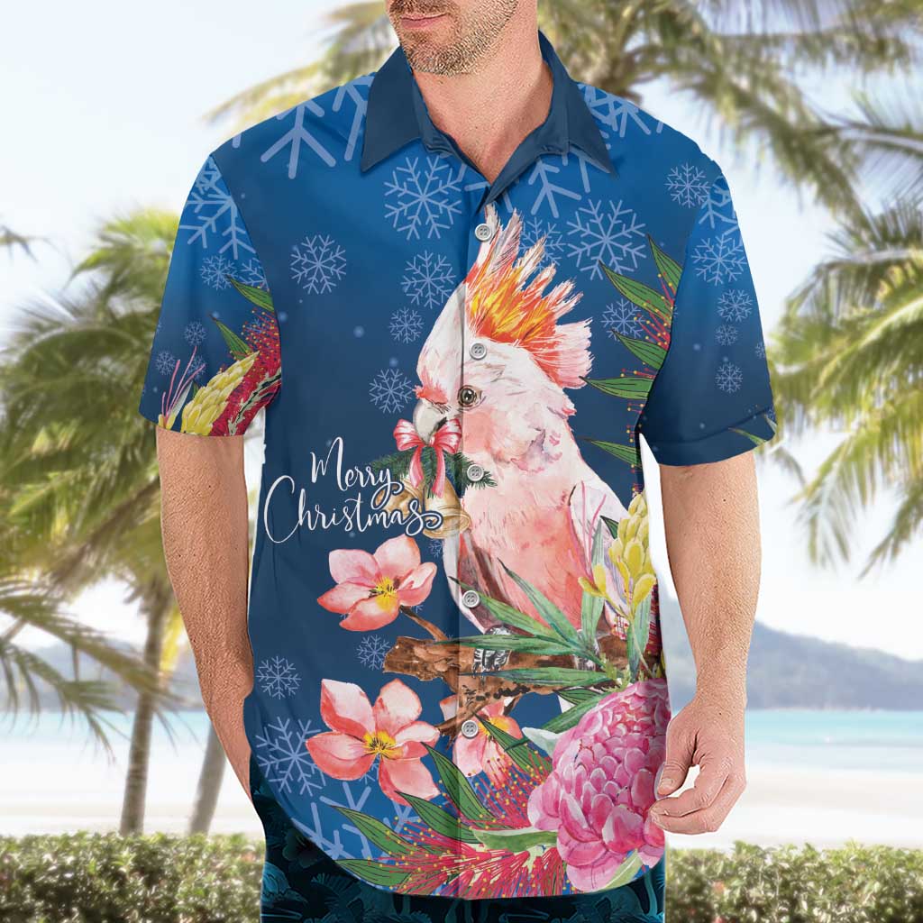 Australia Christmas Pink Cockatoo with Banksia Hawaiian Shirt Snowy Blue - Aussie Hoodie