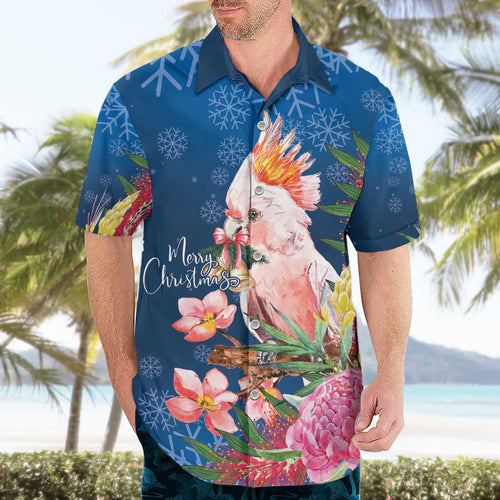 Australia Christmas Pink Cockatoo with Banksia Hawaiian Shirt Snowy Blue - Aussie Hoodie