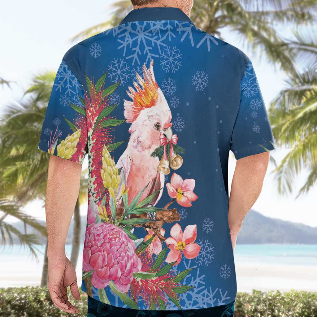 Australia Christmas Pink Cockatoo with Banksia Hawaiian Shirt Snowy Blue - Aussie Hoodie