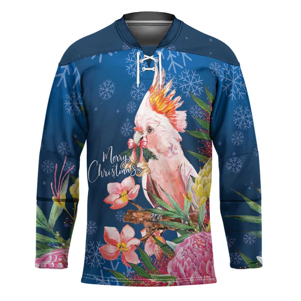 Australia Christmas Pink Cockatoo with Banksia Hockey Jersey Snowy Blue - Aussie Hoodie