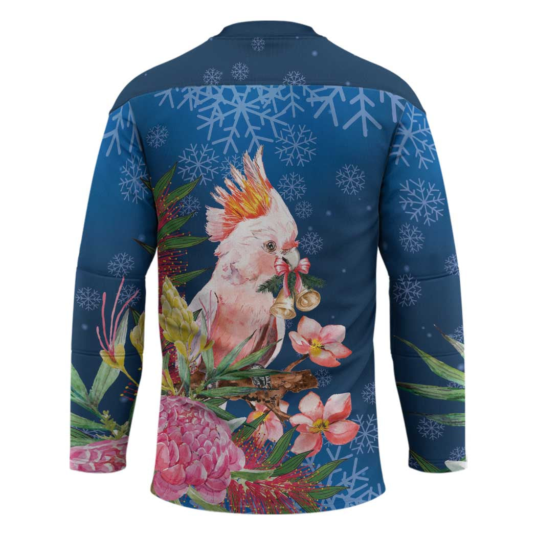 Australia Christmas Pink Cockatoo with Banksia Hockey Jersey Snowy Blue - Aussie Hoodie