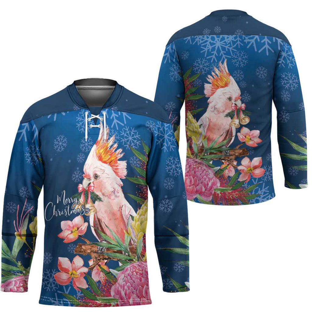 Australia Christmas Pink Cockatoo with Banksia Hockey Jersey Snowy Blue - Aussie Hoodie