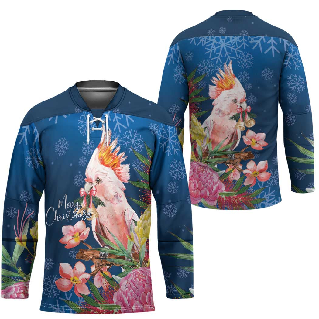 Australia Christmas Pink Cockatoo with Banksia Hockey Jersey Snowy Blue - Aussie Hoodie