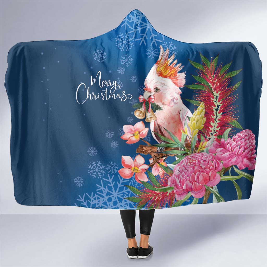 Australia Christmas Pink Cockatoo with Banksia Hooded Blanket Snowy Blue - Aussie Hoodie