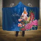 Australia Christmas Pink Cockatoo with Banksia Hooded Blanket Snowy Blue - Aussie Hoodie