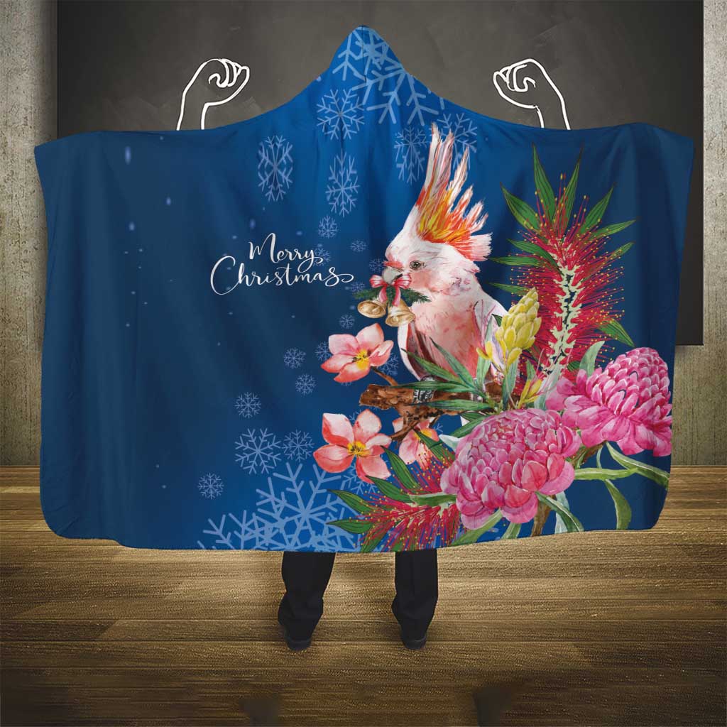 Australia Christmas Pink Cockatoo with Banksia Hooded Blanket Snowy Blue - Aussie Hoodie
