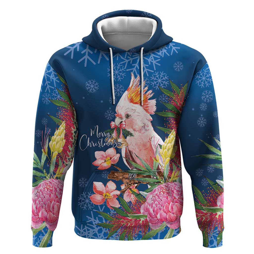 Australia Christmas Pink Cockatoo with Banksia Hoodie Snowy Blue - Aussie Hoodie