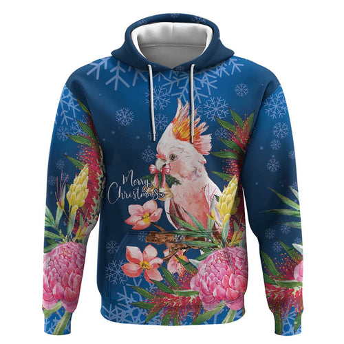 Australia Christmas Pink Cockatoo with Banksia Hoodie Snowy Blue - Aussie Hoodie