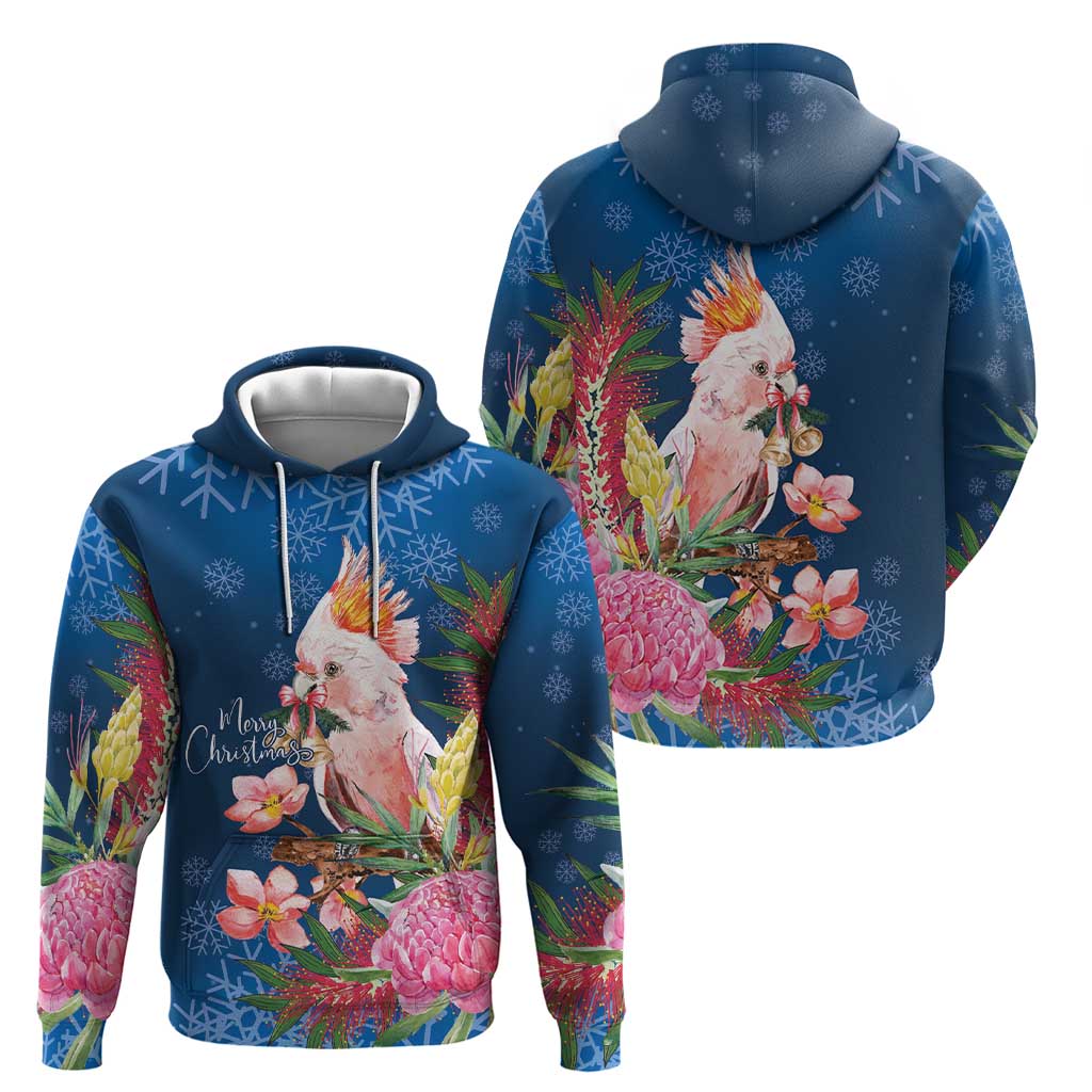 Australia Christmas Pink Cockatoo with Banksia Hoodie Snowy Blue - Aussie Hoodie