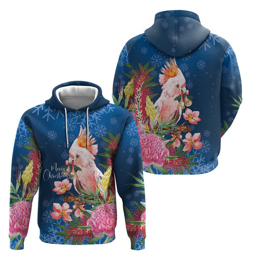 Australia Christmas Pink Cockatoo with Banksia Hoodie Snowy Blue - Aussie Hoodie