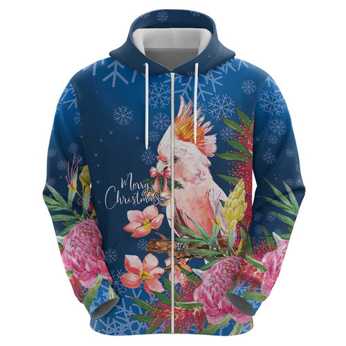 Australia Christmas Pink Cockatoo with Banksia Hoodie Snowy Blue - Aussie Hoodie