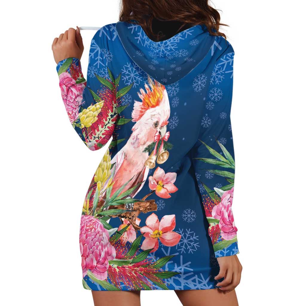 Australia Christmas Pink Cockatoo with Banksia Hoodie Dress Snowy Blue - Aussie Hoodie