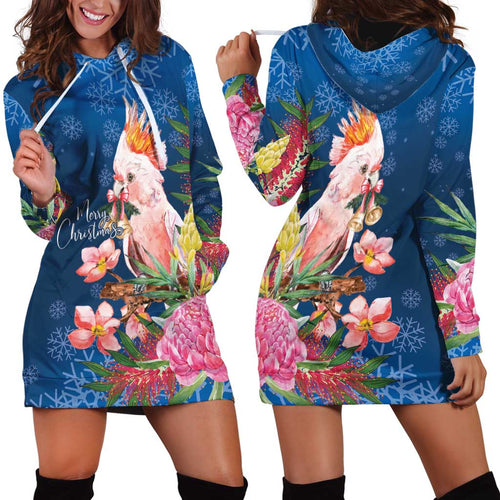 Australia Christmas Pink Cockatoo with Banksia Hoodie Dress Snowy Blue - Aussie Hoodie