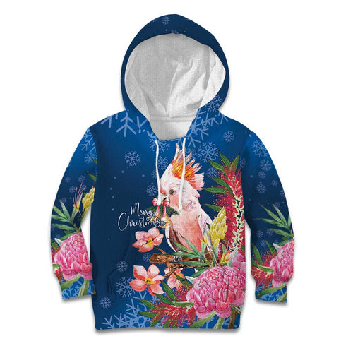 Australia Christmas Pink Cockatoo with Banksia Kid Hoodie Snowy Blue - Aussie Hoodie