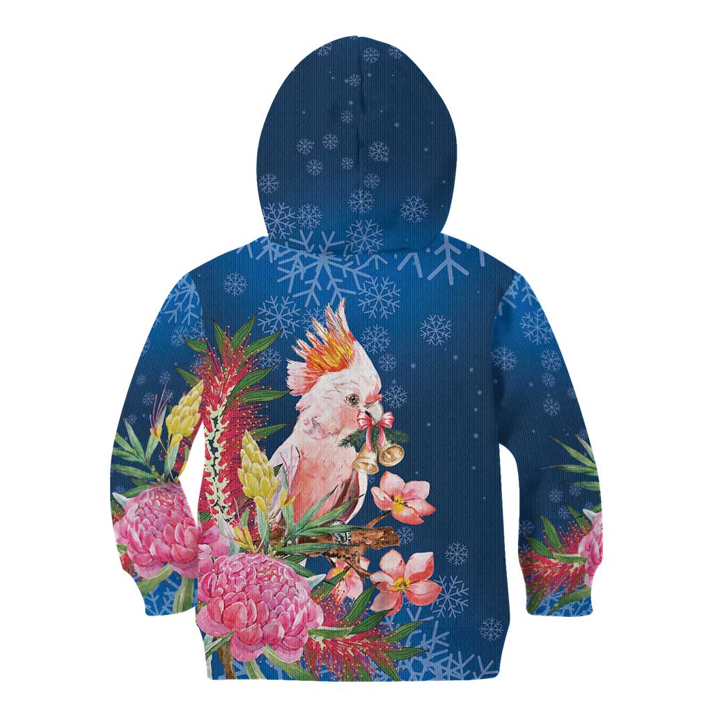 Australia Christmas Pink Cockatoo with Banksia Kid Hoodie Snowy Blue - Aussie Hoodie