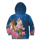 Australia Christmas Pink Cockatoo with Banksia Kid Hoodie Snowy Blue - Aussie Hoodie