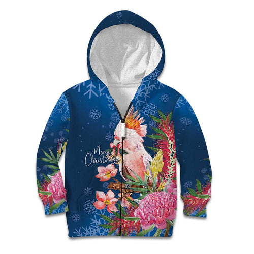 Australia Christmas Pink Cockatoo with Banksia Kid Hoodie Snowy Blue - Aussie Hoodie