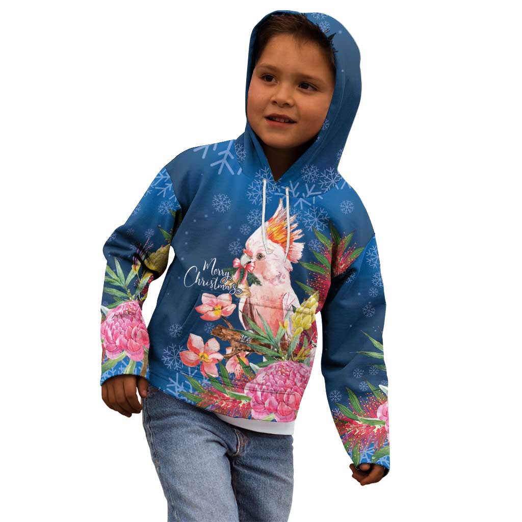Australia Christmas Pink Cockatoo with Banksia Kid Hoodie Snowy Blue - Aussie Hoodie