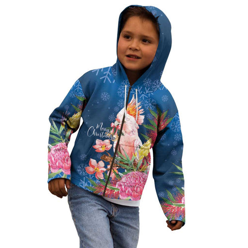Australia Christmas Pink Cockatoo with Banksia Kid Hoodie Snowy Blue - Aussie Hoodie