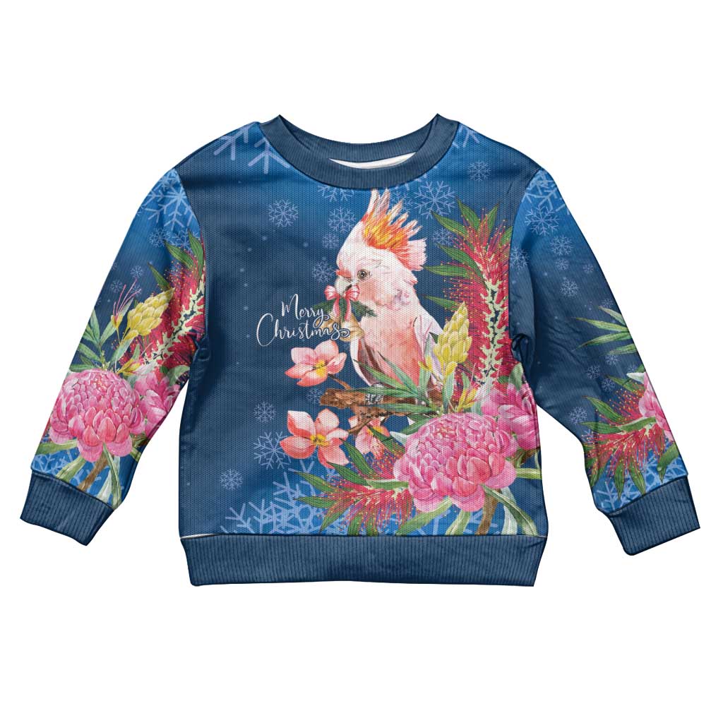 Australia Christmas Pink Cockatoo with Banksia Kid Ugly Christmas Sweater Snowy Blue - Aussie Hoodie