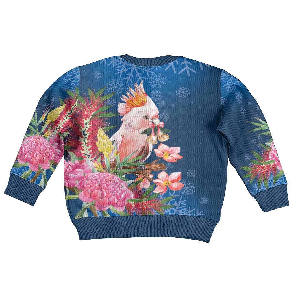 Australia Christmas Pink Cockatoo with Banksia Kid Ugly Christmas Sweater Snowy Blue - Aussie Hoodie