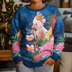 Australia Christmas Pink Cockatoo with Banksia Kid Ugly Christmas Sweater Snowy Blue - Aussie Hoodie