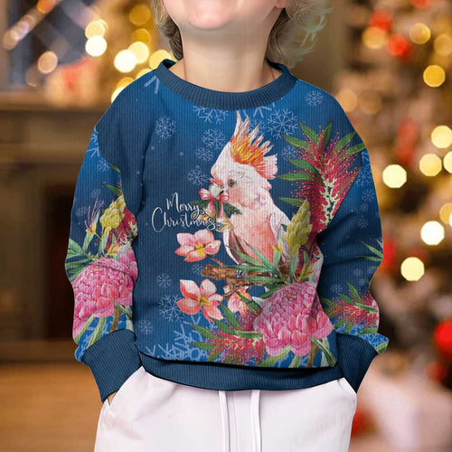 Australia Christmas Pink Cockatoo with Banksia Kid Ugly Christmas Sweater Snowy Blue - Aussie Hoodie