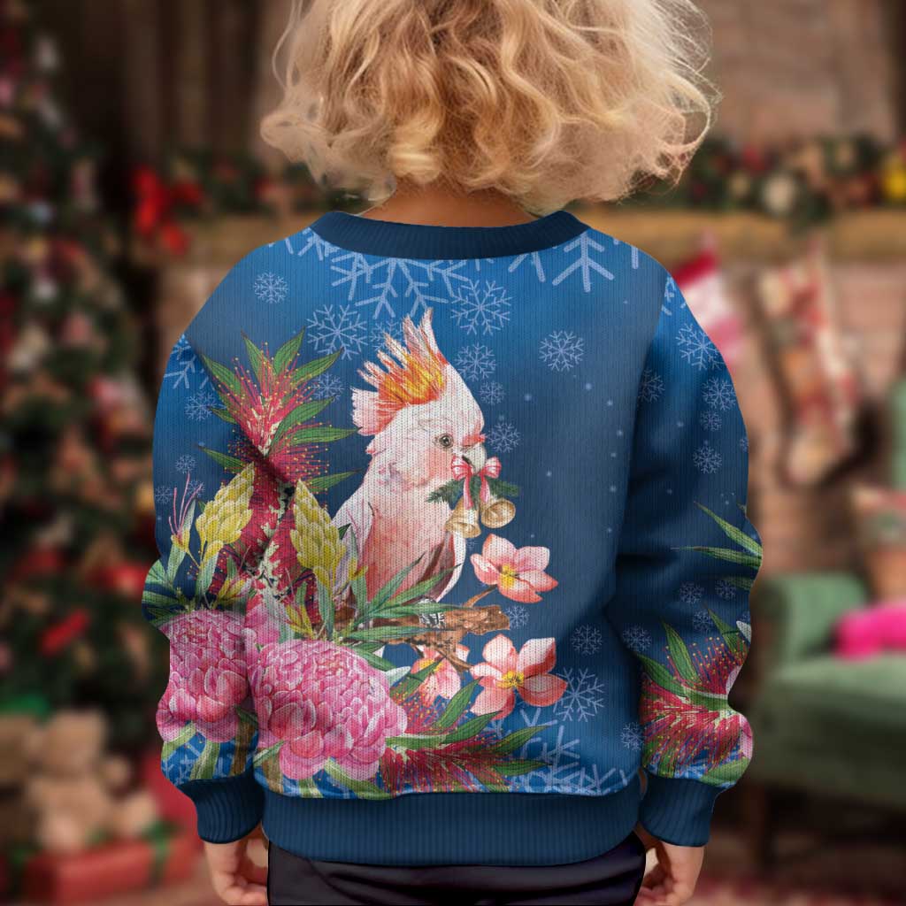 Australia Christmas Pink Cockatoo with Banksia Kid Ugly Christmas Sweater Snowy Blue - Aussie Hoodie