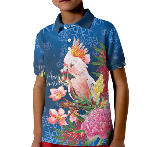 Australia Christmas Pink Cockatoo with Banksia Kid Polo Shirt Snowy Blue - Aussie Hoodie