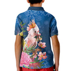 Australia Christmas Pink Cockatoo with Banksia Kid Polo Shirt Snowy Blue - Aussie Hoodie