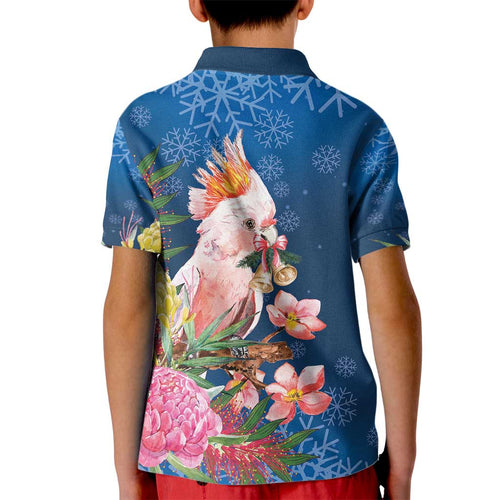 Australia Christmas Pink Cockatoo with Banksia Kid Polo Shirt Snowy Blue - Aussie Hoodie